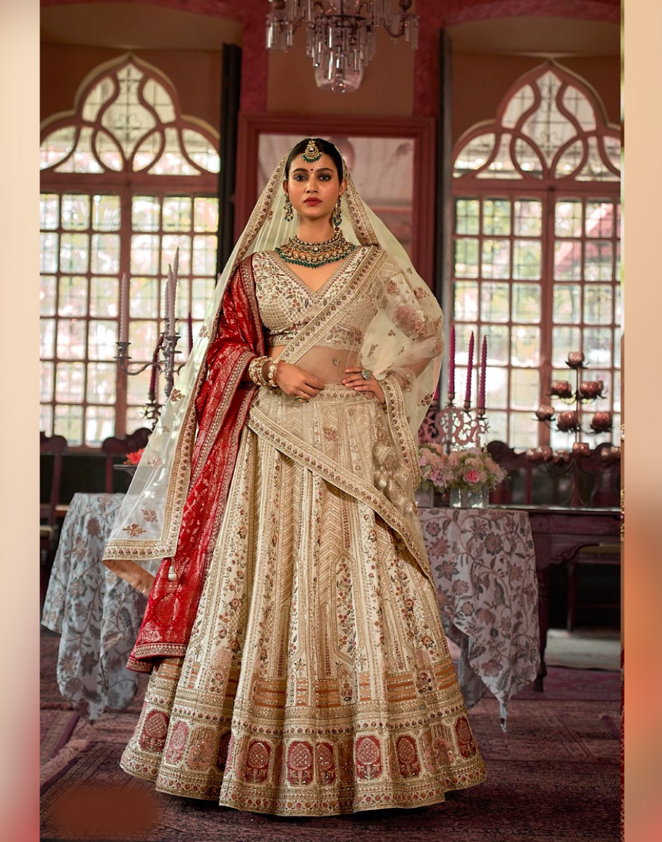 Designer Cream Bridal Silk Lehenga with Pearl, Zari & Sequin Embroidery Blouse with Double Dupatta Set - Buy