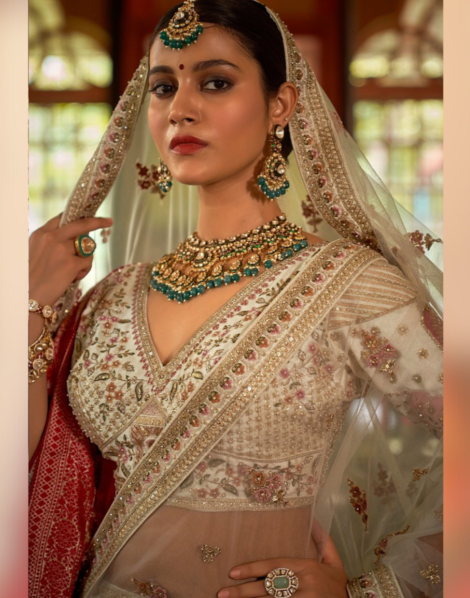 Designer Cream Bridal Silk Lehenga with Pearl, Zari & Sequin Embroidery Blouse with Double Dupatta Set - Buy