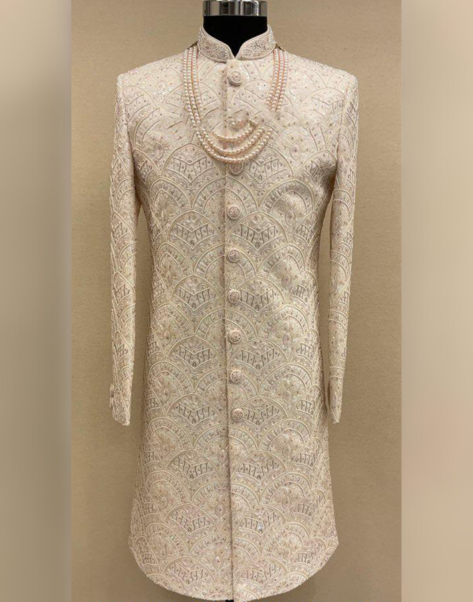 Designer Cream Gold Sherwani Set with Heavy Embroidery and Elegant Embellishments