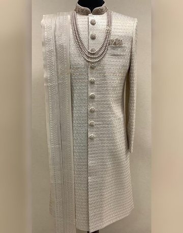 Designer Dark Fawn Sherwani Set with Hand Embroidery & Embellishments