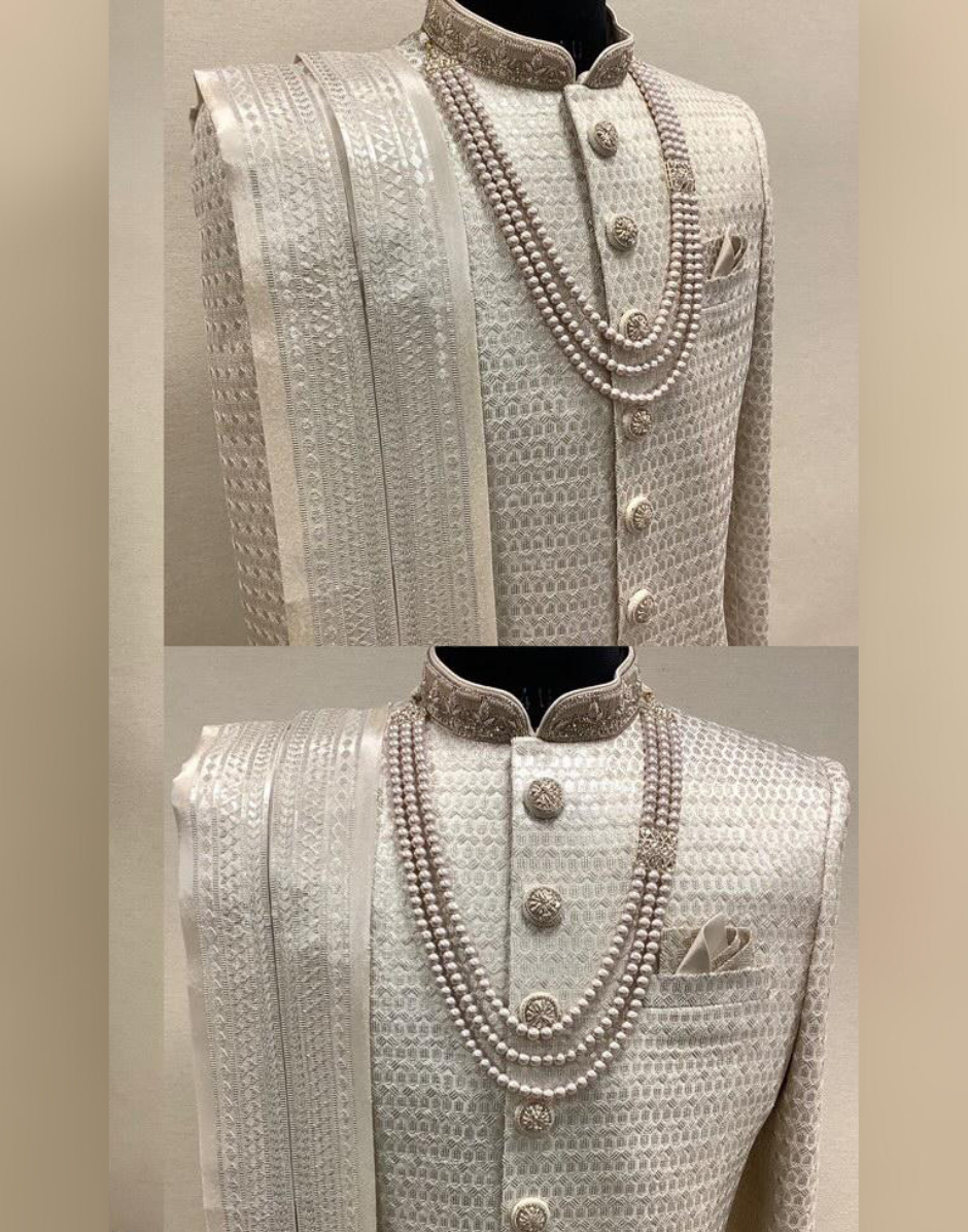Designer Dark Fawn Sherwani Set with Hand Embroidery & Embellishments