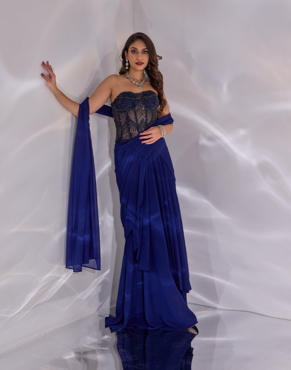 Designer Dori Saree Set in Chiffon with Handcrafted Net Corset Pre-Draped in Dark Blue - Buy