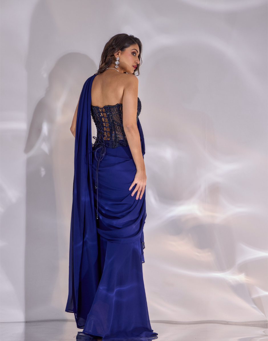 Designer Dori Saree Set in Chiffon with Handcrafted Net Corset Pre-Draped in Dark Blue - Buy