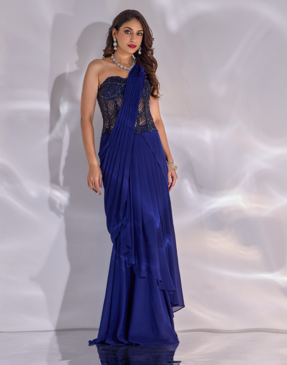 Designer Dori Saree Set in Chiffon with Handcrafted Net Corset Pre-Draped in Dark Blue - Buy_2