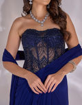 Designer Dori Saree Set in Chiffon with Handcrafted Net Corset Pre-Draped in Dark Blue - Buy_3