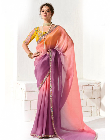 Designer Dual-Tone Organza Saree with Sequin Accents and Embroidery Thread Work