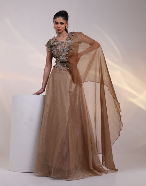 Designer Dusky Brown Draped Outfit with Applique Bodice and Flowing Organza Skirt Brown / M / 3 Days