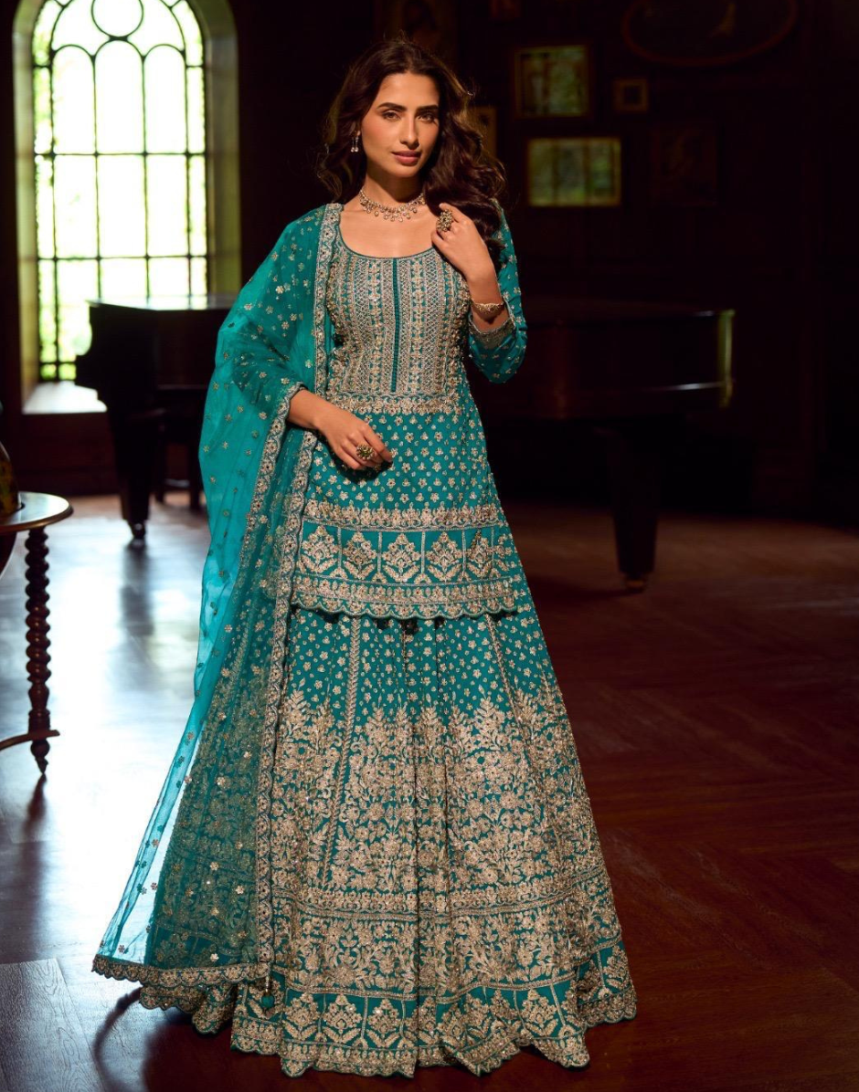 Designer Green Premium Georgette Fully Embroidered Top with Heavy Skirt & Dupatta Mirror Work Festive Set - Buy