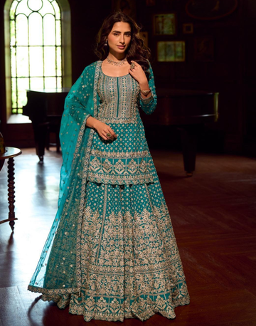 Designer Green Premium Georgette Fully Embroidered Top with Heavy Skirt & Dupatta Mirror Work Festive Set - Buy