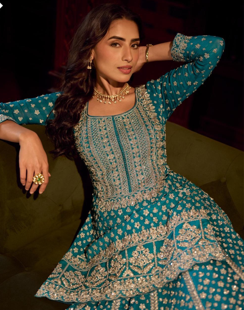 Designer Green Premium Georgette Fully Embroidered Top with Heavy Skirt & Dupatta Mirror Work Festive Set - Buy