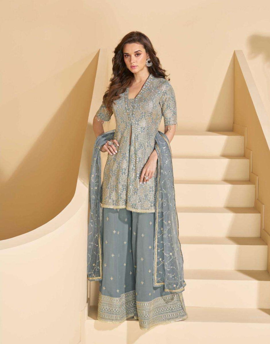 Designer Grey Georgette Heavy Look Embroidered Top and Plazzo with Hand Work Detailing