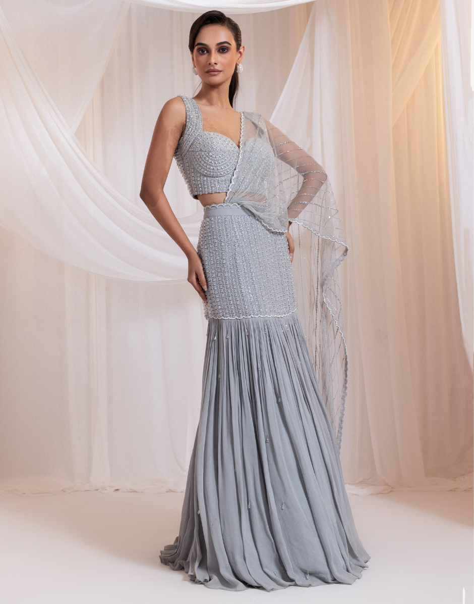 Designer Grey Saree with Heavily Embellished Crystal Bodice for a Luxe Finish