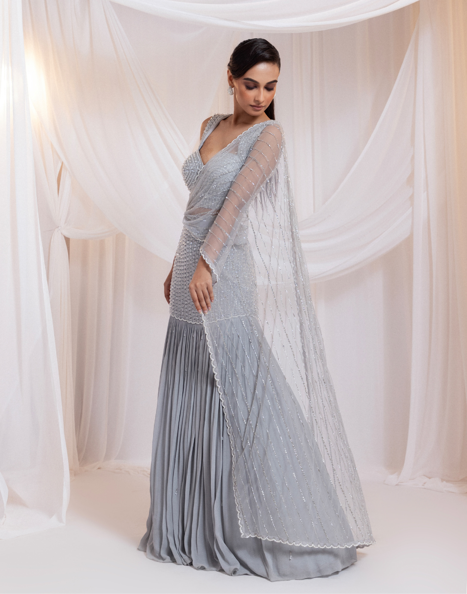 Designer Grey Saree with Heavily Embellished Crystal Bodice for a Luxe Finish_1
