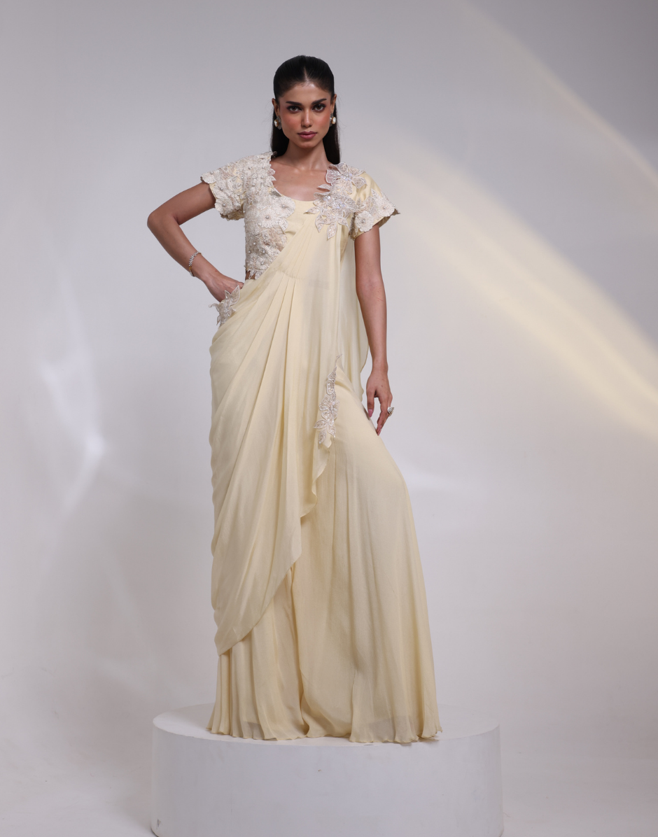 Designer Ivory Blossom Pant Set with Silk Top, Chinon Pants & Sash, Beaded and Sequined Floral Applique