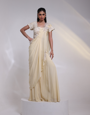 Designer Ivory Blossom Pant Set with Silk Top, Chinon Pants & Sash, Beaded and Sequined Floral Applique