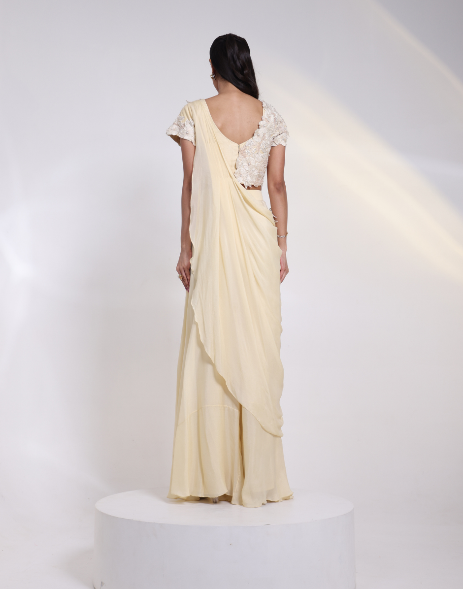 Designer Ivory Blossom Pant Set with Silk Top, Chinon Pants & Sash, Beaded and Sequined Floral Applique