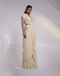 Designer Ivory Blossom Pant Set with Silk Top, Chinon Pants & Sash, Beaded and Sequined Floral Applique_2