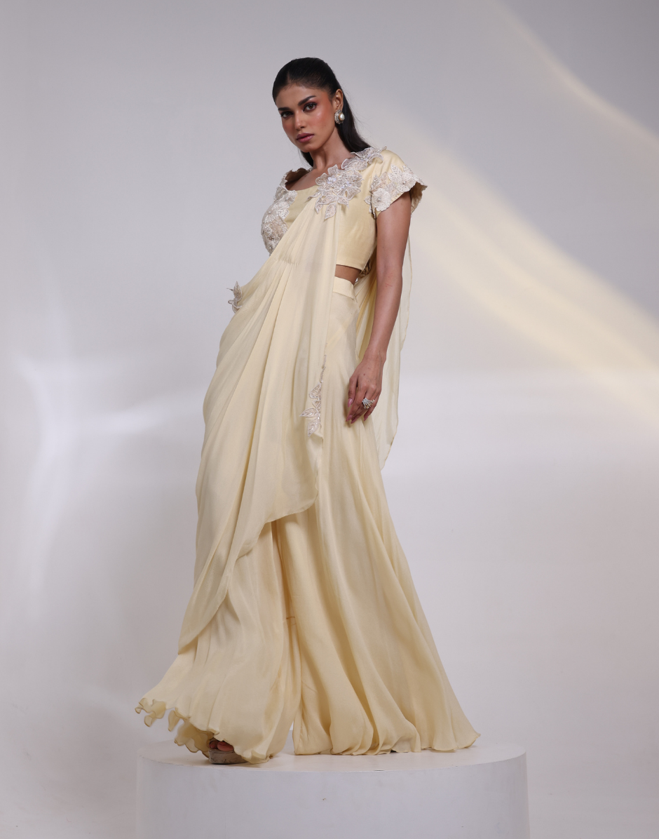 Designer Ivory Blossom Pant Set with Silk Top, Chinon Pants & Sash, Beaded and Sequined Floral Applique_3