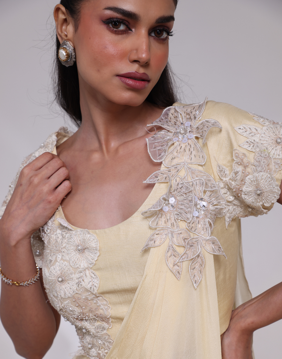 Designer Ivory Blossom Pant Set with Silk Top, Chinon Pants & Sash, Beaded and Sequined Floral Applique_4