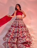 Designer Kairah Lehenga Set in Red Silk with Handcrafted Belt & One-Shoulder Draped Blouse