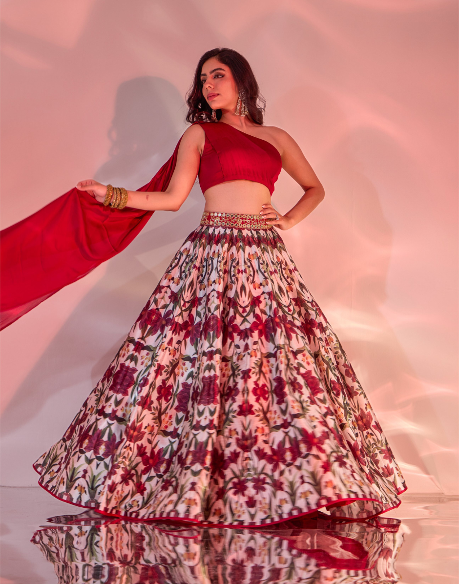Designer Kairah Lehenga Set in Red Silk with Handcrafted Belt & One-Shoulder Draped Blouse
