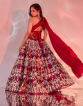 Designer Kairah Lehenga Set in Red Silk with Handcrafted Belt & One-Shoulder Draped Blouse_1