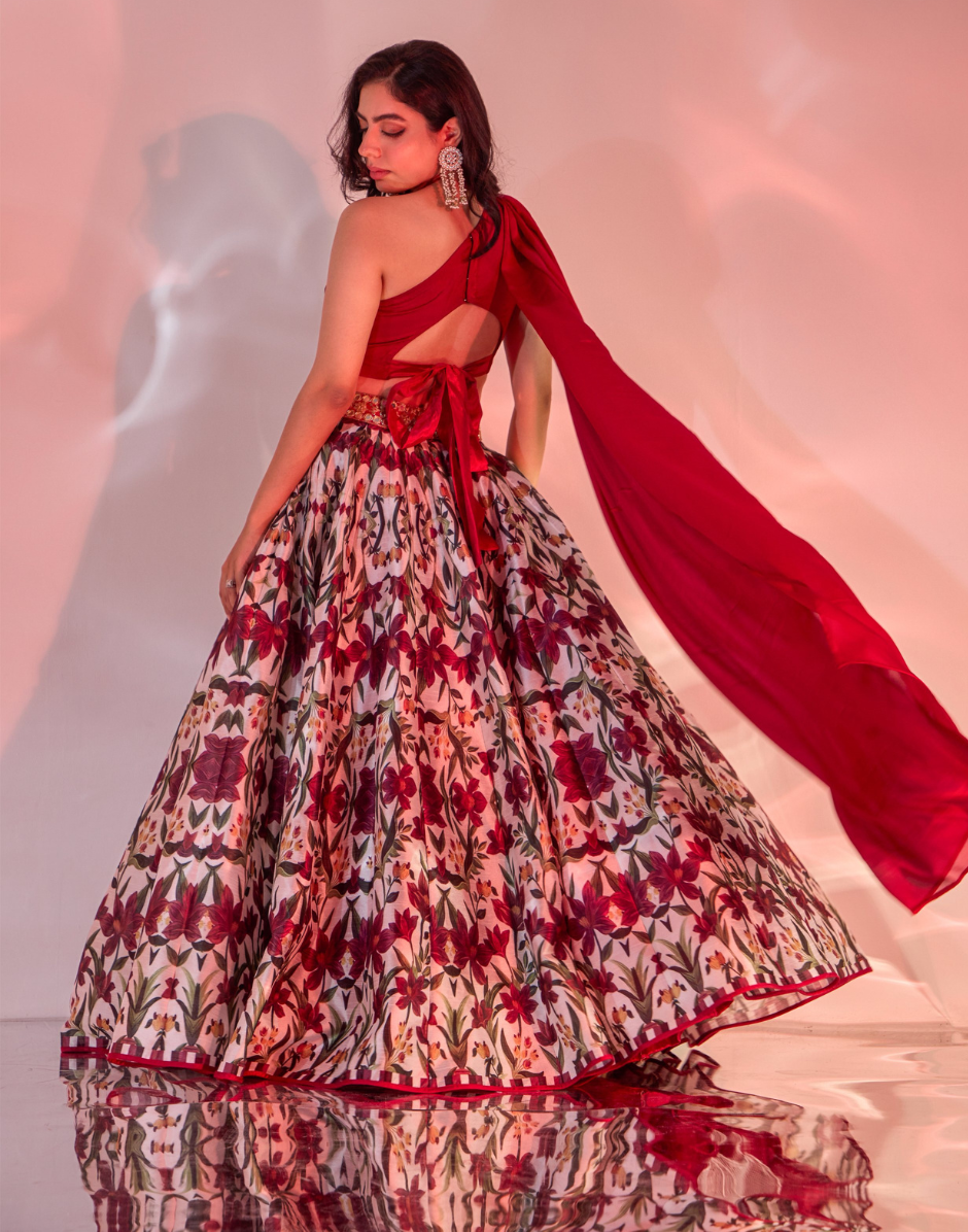 Designer Kairah Lehenga Set in Red Silk with Handcrafted Belt & One-Shoulder Draped Blouse_1