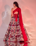 Designer Kairah Lehenga Set in Red Silk with Handcrafted Belt & One-Shoulder Draped Blouse_3