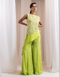 Designer Lime-Yellow Three-Piece Set with Asymmetrical Top and Flared Pants 