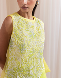 Designer Lime-Yellow Three-Piece Set with Asymmetrical Top and Flared Pants _1