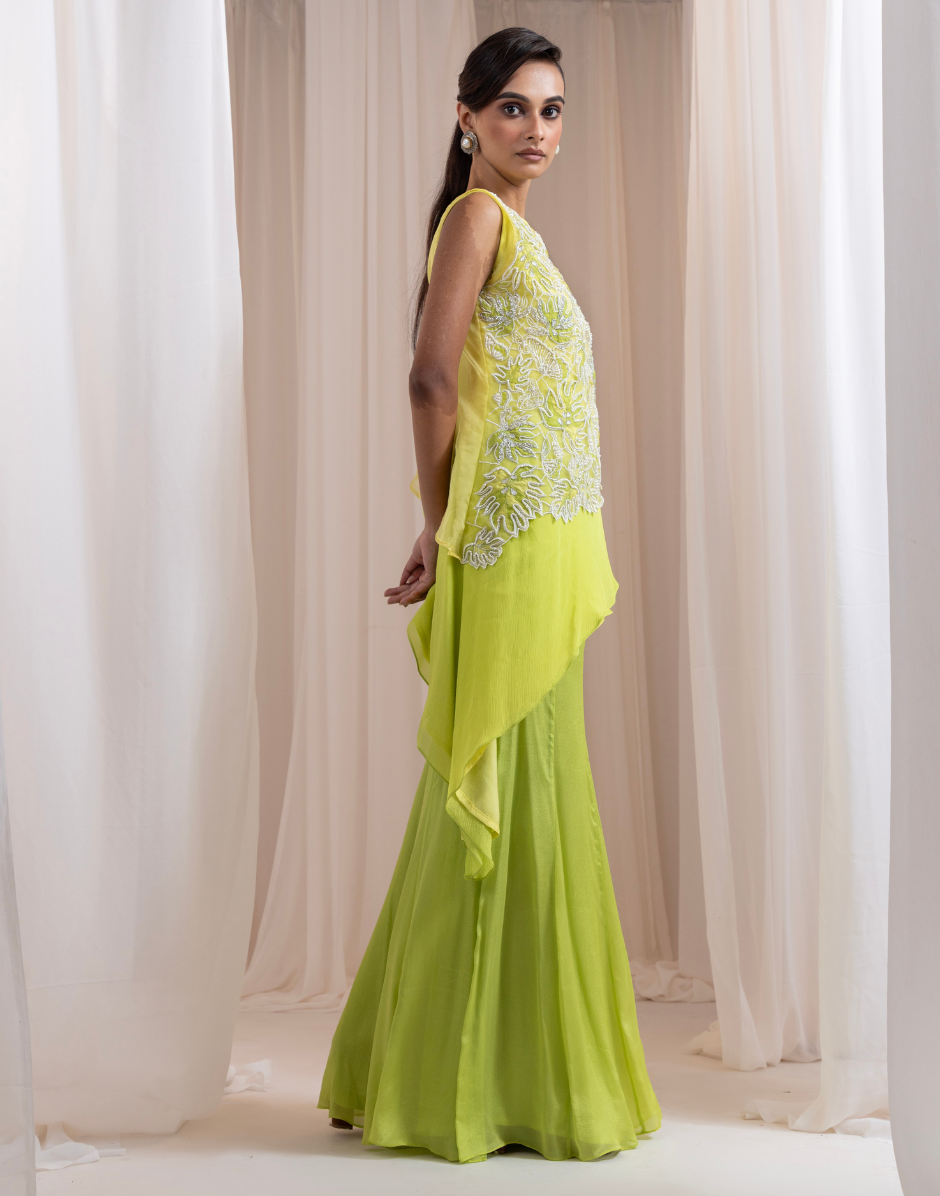 Designer Lime-Yellow Three-Piece Set with Asymmetrical Top and Flared Pants _2