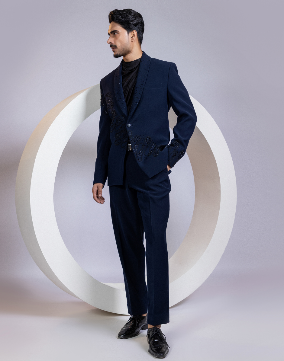 Designer Navy Embellished Blazer Set Lachka Shirt & Satin Pants Nightbarrel Collection