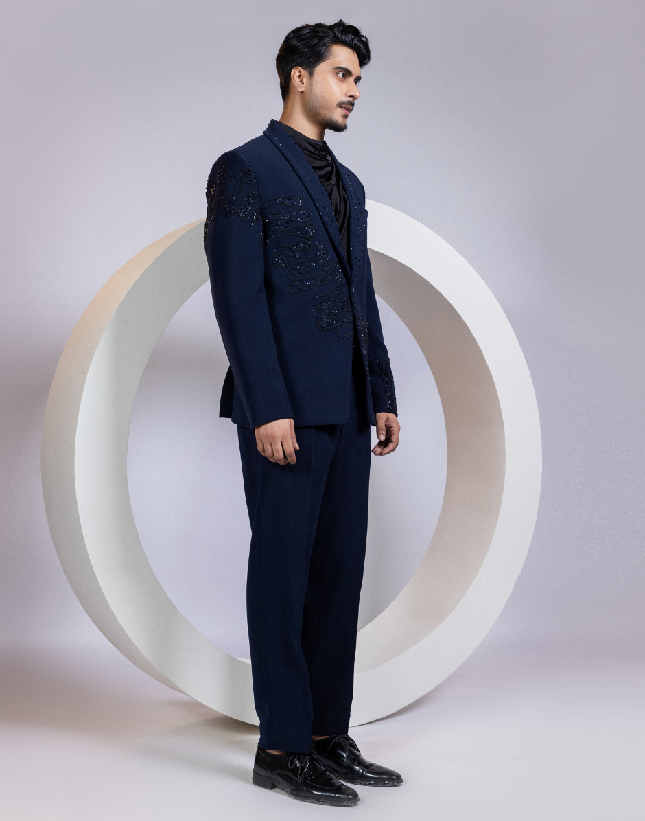 Designer Navy Embellished Blazer Set Lachka Shirt & Satin Pants Nightbarrel Collection