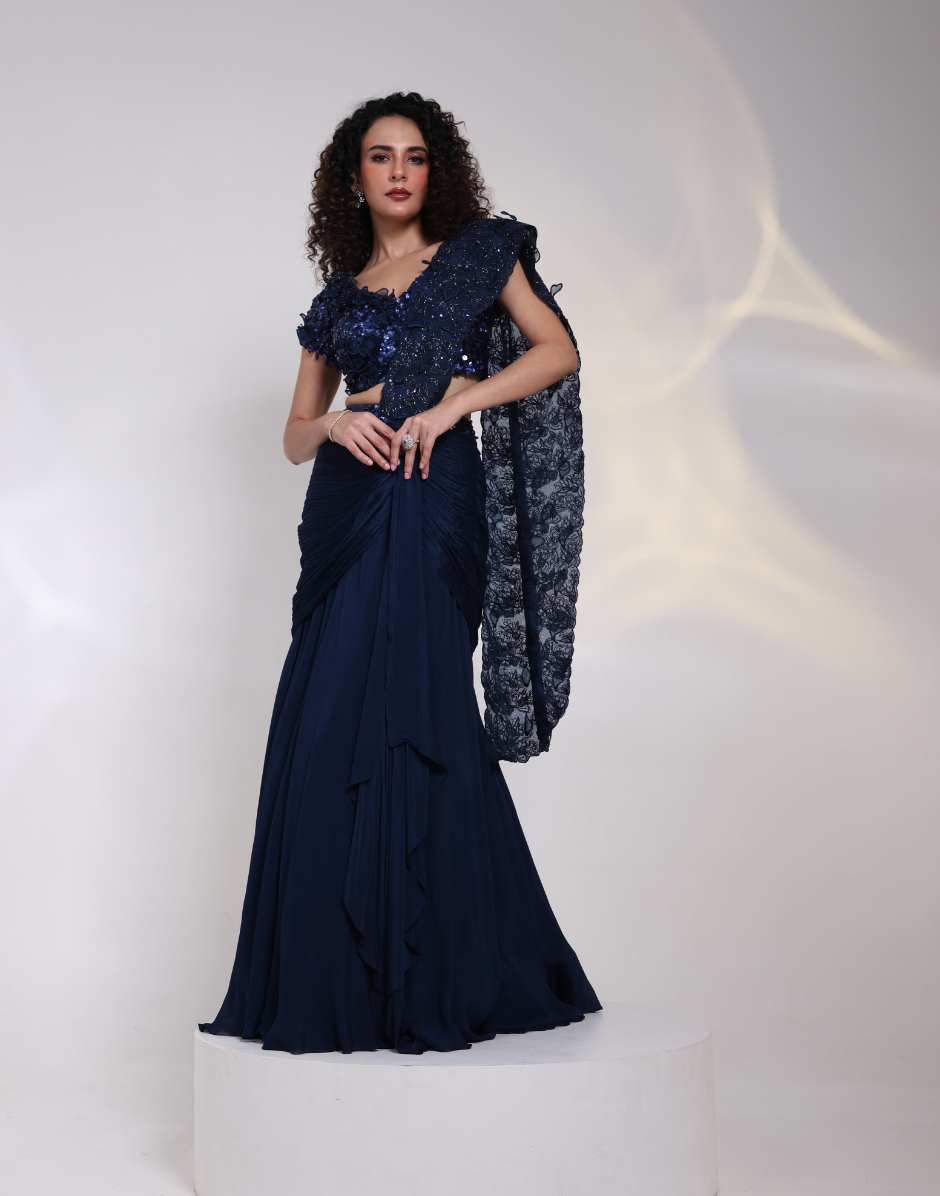 Designer Navy Embellished Saree Skirt with Chinon Palla, Organza Blouse & Silk Accents