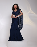 Designer Navy Embellished Saree Skirt with Chinon Palla, Organza Blouse & Silk Accents