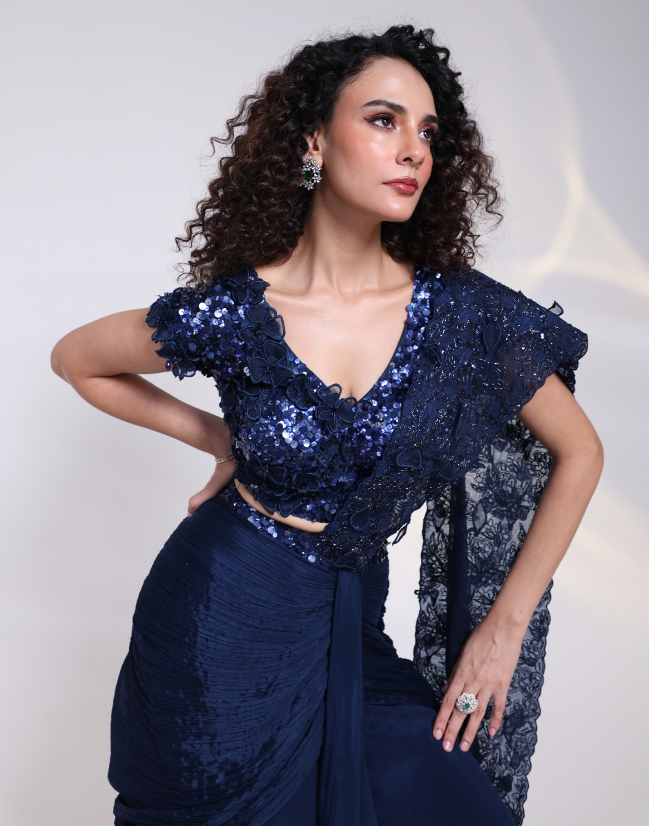 Designer Navy Embellished Saree Skirt with Chinon Palla, Organza Blouse & Silk Accents