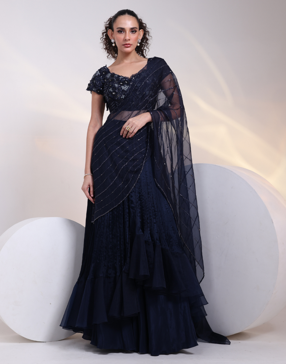 Designer Navy Saree Gown Featuring Shimmering Applique Corset and Layered Ruched Skirt