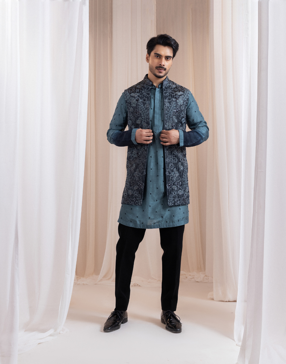 Designer Neelloom Charcoal Green Set Silk Kurta, Lilan Satin Nehru & Cotton Pants
