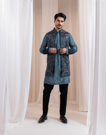 Designer Neelloom Charcoal Green Set Silk Kurta, Lilan Satin Nehru & Cotton Pants