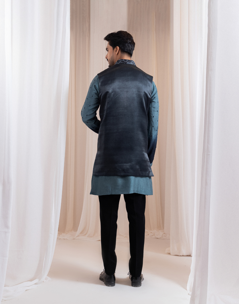 Designer Neelloom Charcoal Green Set Silk Kurta, Lilan Satin Nehru & Cotton Pants