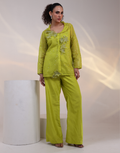 Designer Neon Co-Ord Set with Geometric Cord Mesh Shirt 3D Floral Bootas & Wide-Leg Pants