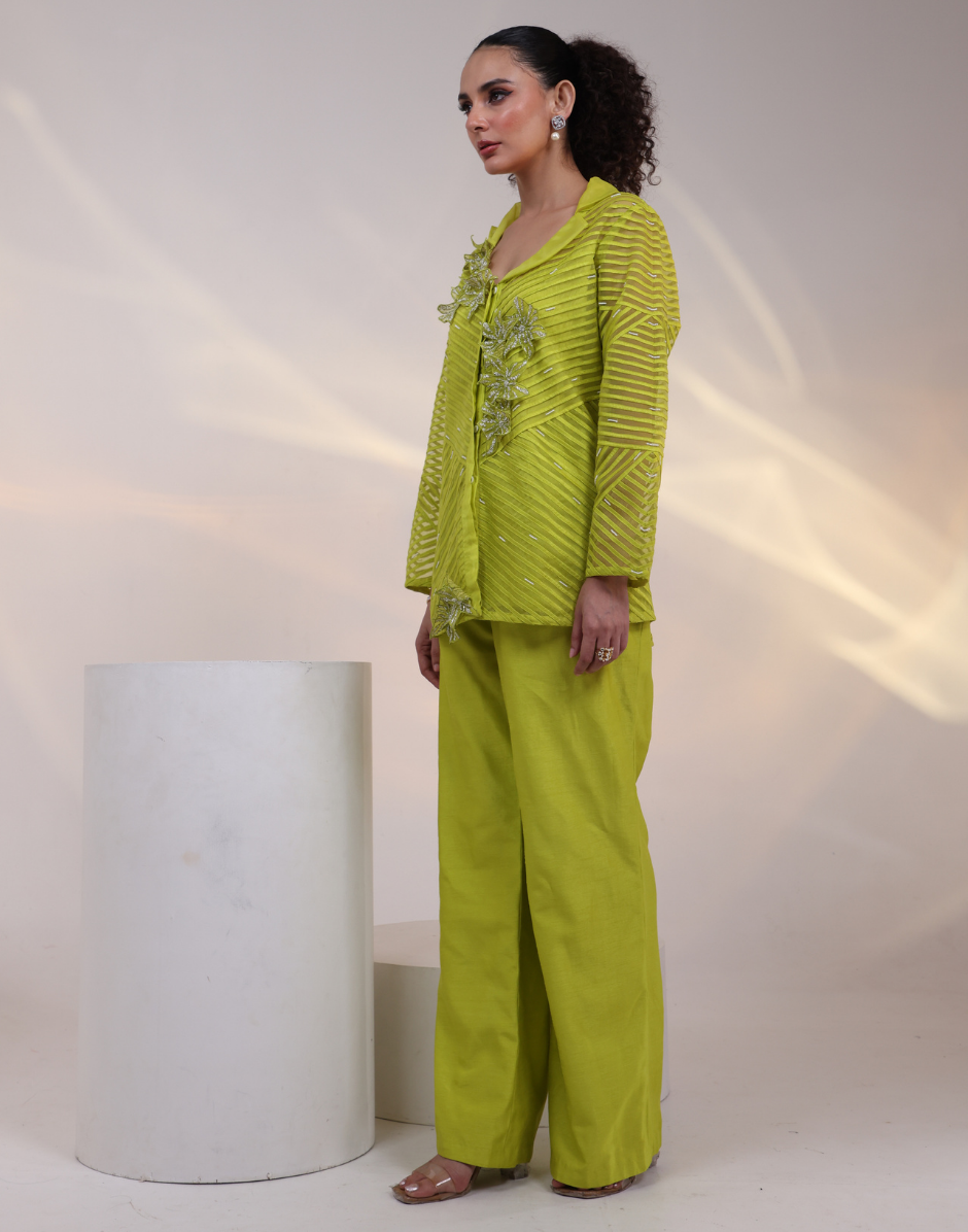 Designer Neon Co-Ord Set with Geometric Cord Mesh Shirt 3D Floral Bootas & Wide-Leg Pants_2