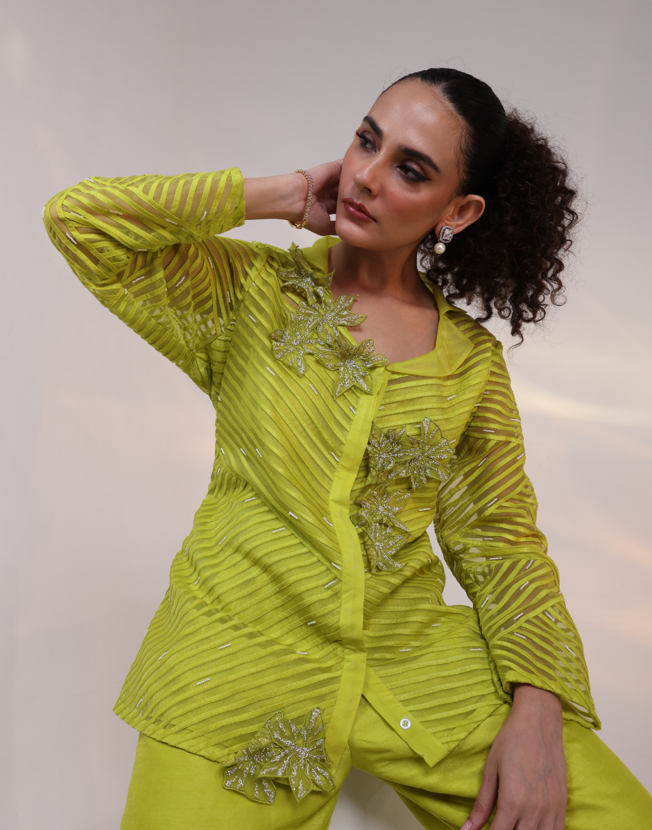 Designer Neon Co-Ord Set with Geometric Cord Mesh Shirt 3D Floral Bootas & Wide-Leg Pants_3