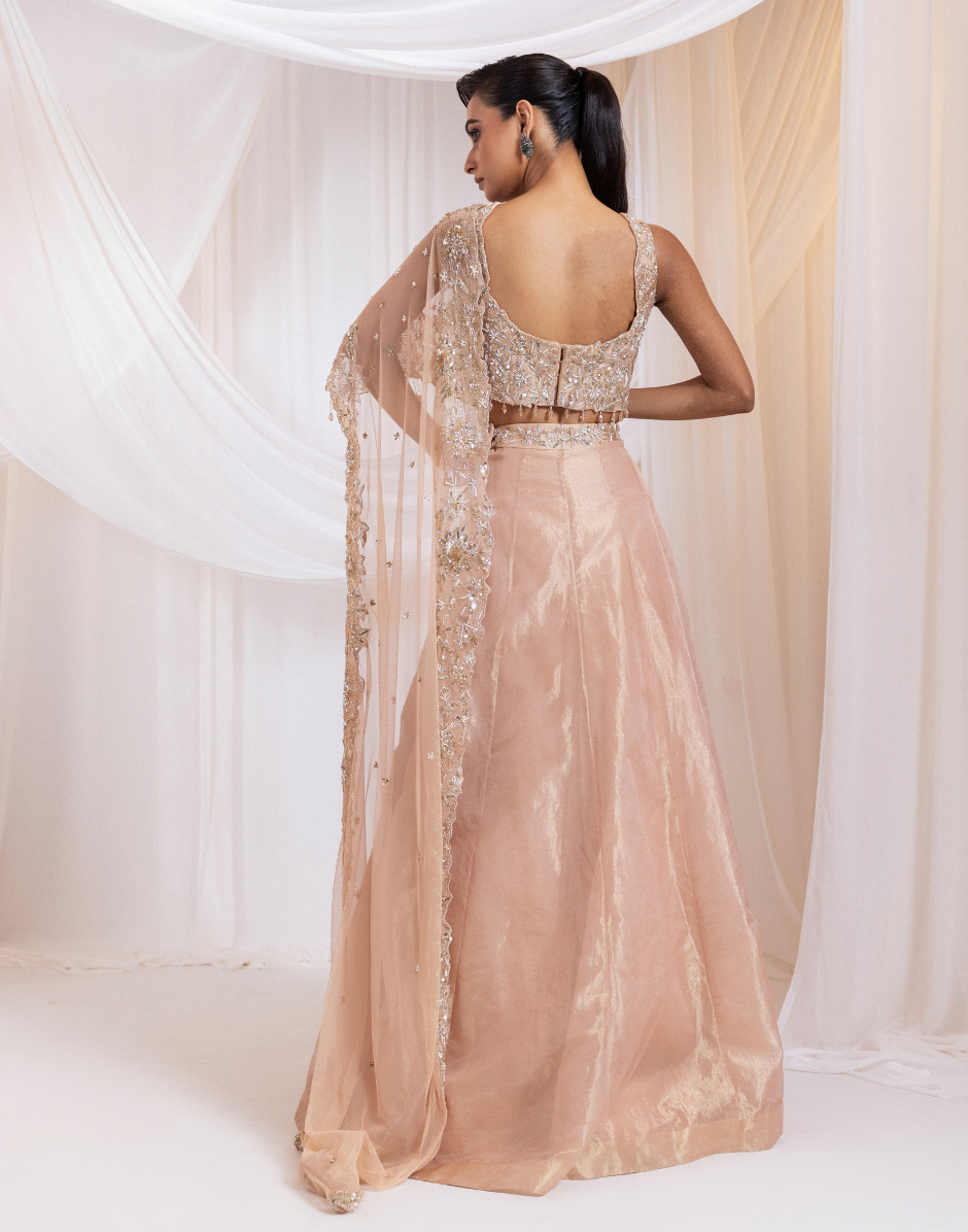 Designer Nude Pink Lehenga with Sequin, Bead & Zari Floral Embroidery