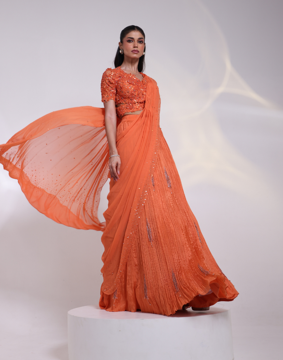 Designer Orange Two-Piece Saree Gown Featuring Heavily Embroidered Blouse & Pleated Drape_1