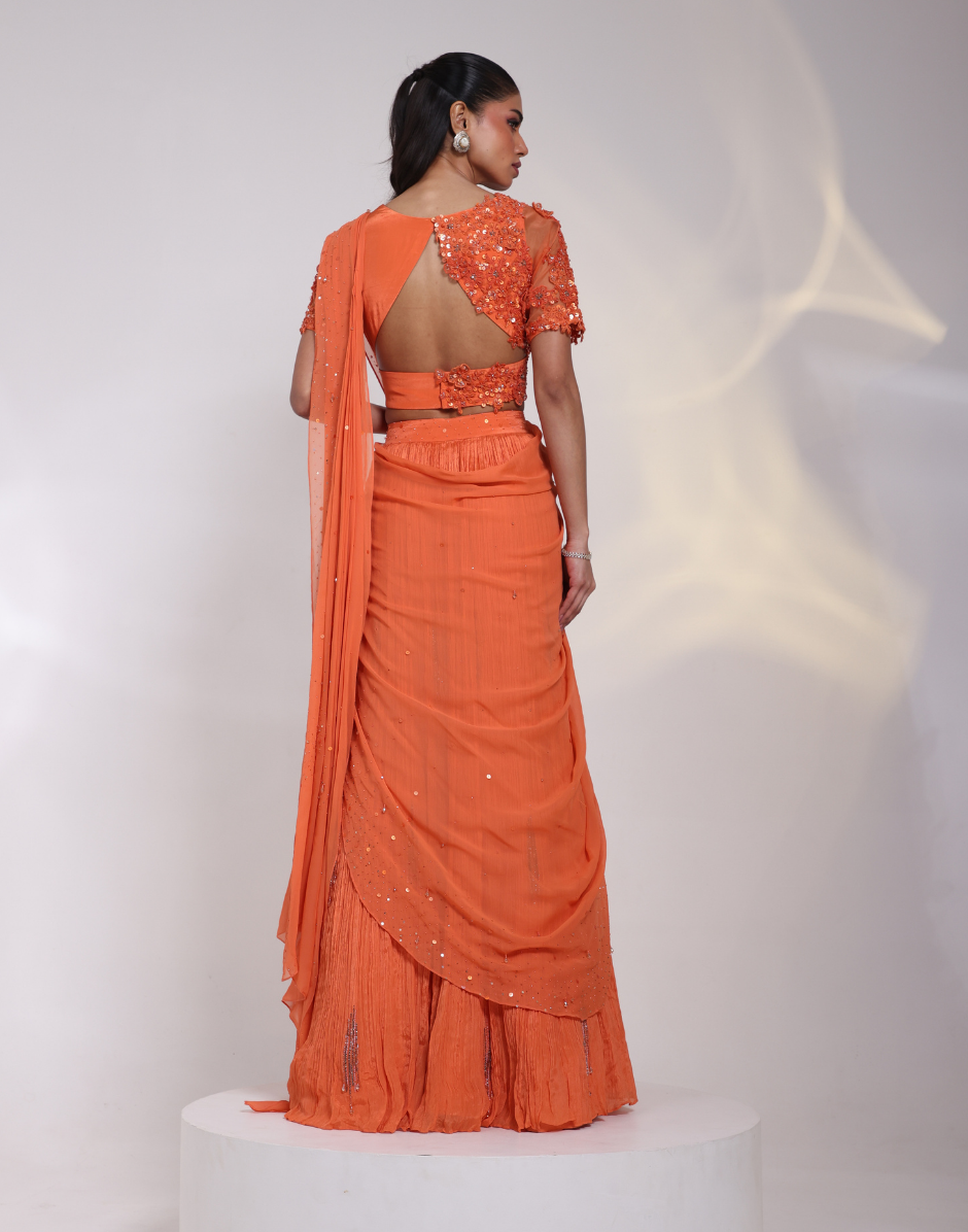 Designer Orange Two-Piece Saree Gown Featuring Heavily Embroidered Blouse & Pleated Drape_2
