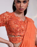 Designer Orange Two-Piece Saree Gown Featuring Heavily Embroidered Blouse & Pleated Drape_3