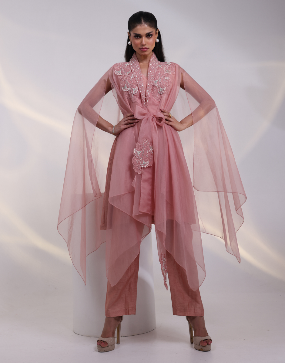 Designer Pink 4-Piece Set Silk Kurta & Pants with Organza Cape and Belt