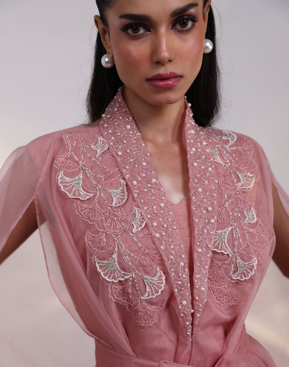 Designer Pink 4-Piece Set Silk Kurta & Pants with Organza Cape and Belt_3