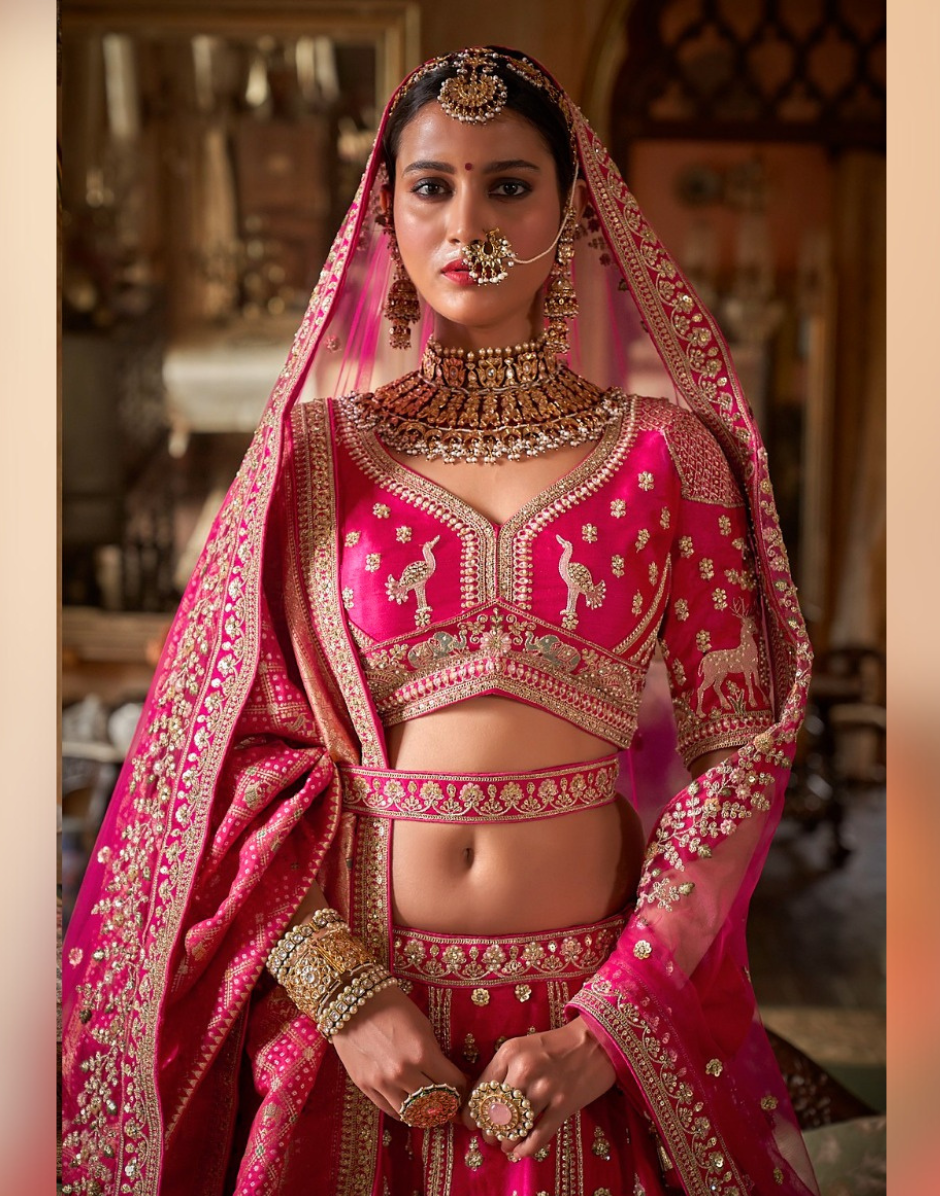 Designer Pink Silk Bridal Lehenga with Heavy Embroidery, Zari & Pearl Detailing Dual Dupatta & Blouse Set - Buy